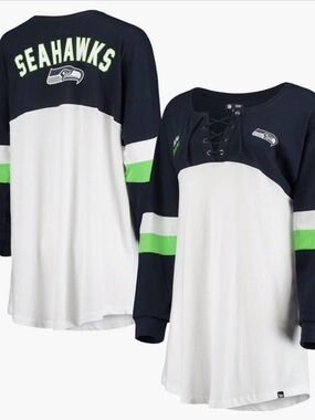 Seattle Seahawks Lace-Up Long Sleeve Jersey Top - Navy, White & Bright Green NWT